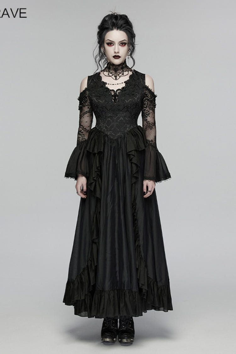 Black V Collar Long Trumpet Sleeves Double-Layered Hanayome Cut-Out Embroidered Lace Lace-Up Pearl-Decorated Pleated Women's Gothic Gorgeous Palace Dress - Product - 2