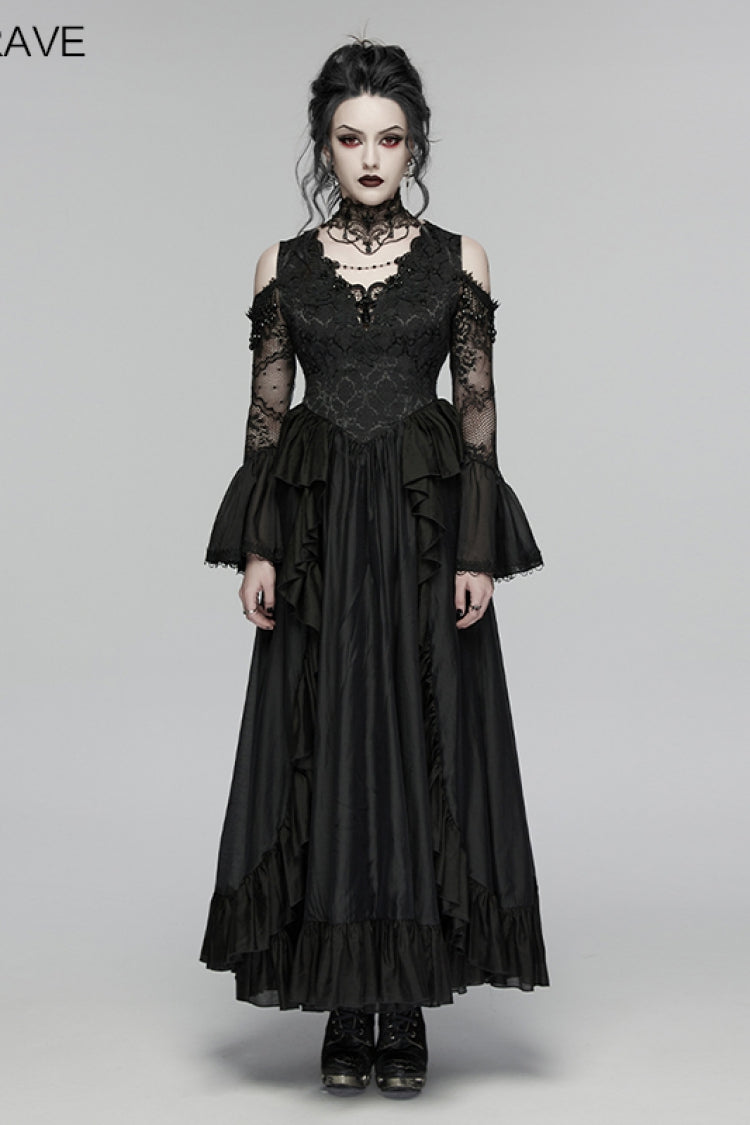 Black V Collar Long Trumpet Sleeves Double-Layered Hanayome Cut-Out Embroidered Lace Lace-Up Pearl-Decorated Pleated Women's Gothic Gorgeous Palace Dress - Product - 2