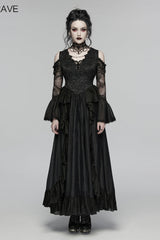 Black V Collar Long Trumpet Sleeves Double-Layered Hanayome Cut-Out Embroidered Lace Lace-Up Pearl-Decorated Pleated Women's Gothic Gorgeous Palace Dress - Product - 2