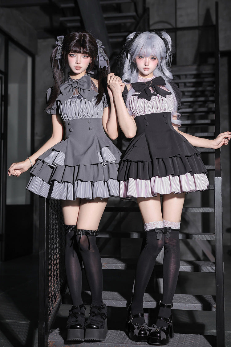 Classic Square Collar Halterneck Short Sleeves Triple-Layered Printed Ruffled Bow Cool Lolita Dress Set 2 Colors(Black, Grey) - Product - 4