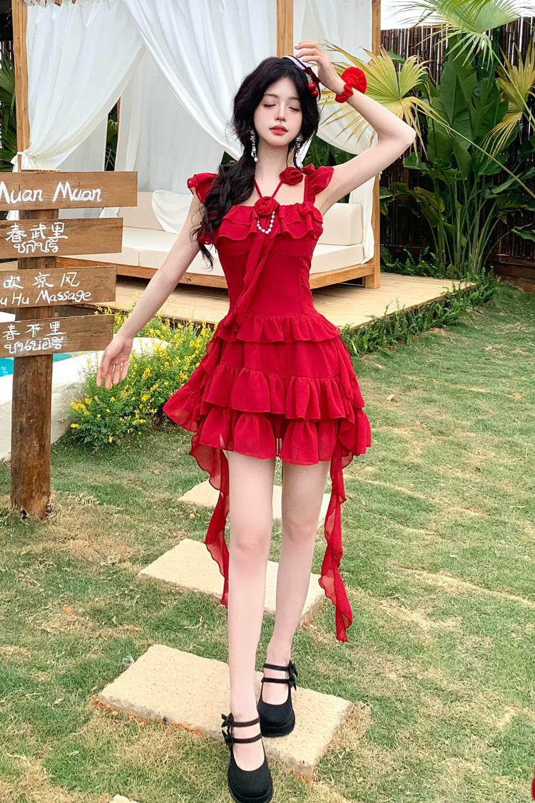 Red [Summer Seaside] Short Sleeves Triple-Layered Ruffle Bowknot Irregular Holiday Style Sweet Lolita Dress - Product - 3