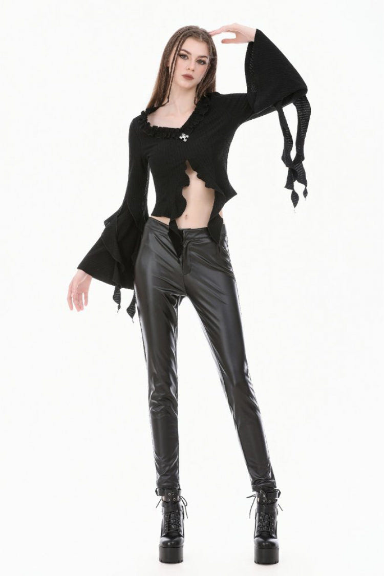 Black Cross Ruffled V Collar Irregular Split Long Trumpet Sleeves Women's Gothic Crop Top with Streamer - Product - 10