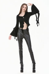 Black Cross Ruffled V Collar Irregular Split Long Trumpet Sleeves Women's Gothic Crop Top with Streamer - Product - 10