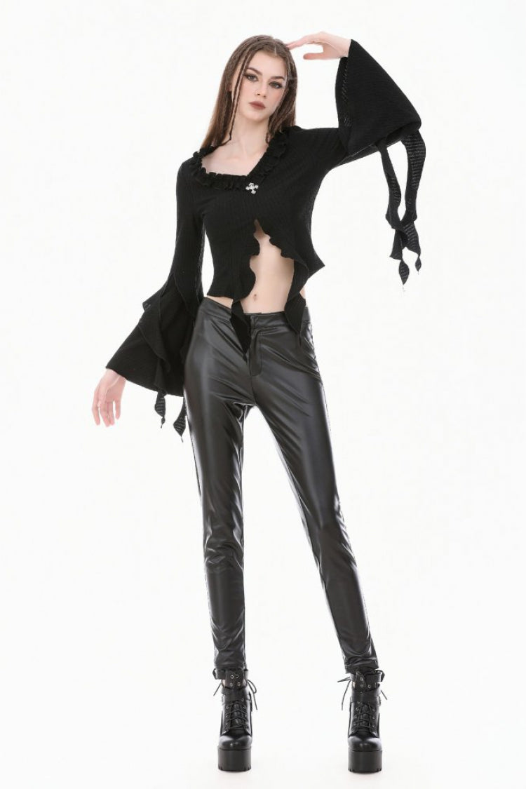 Black Cross Ruffled V Collar Irregular Split Long Trumpet Sleeves Women's Gothic Crop Top with Streamer - Product - 10