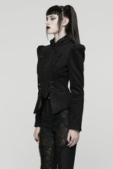 Black Stand Collar Long Sleeves Embroidered Lace-Up Zippered Women's Gothic Jacket - Product - 2