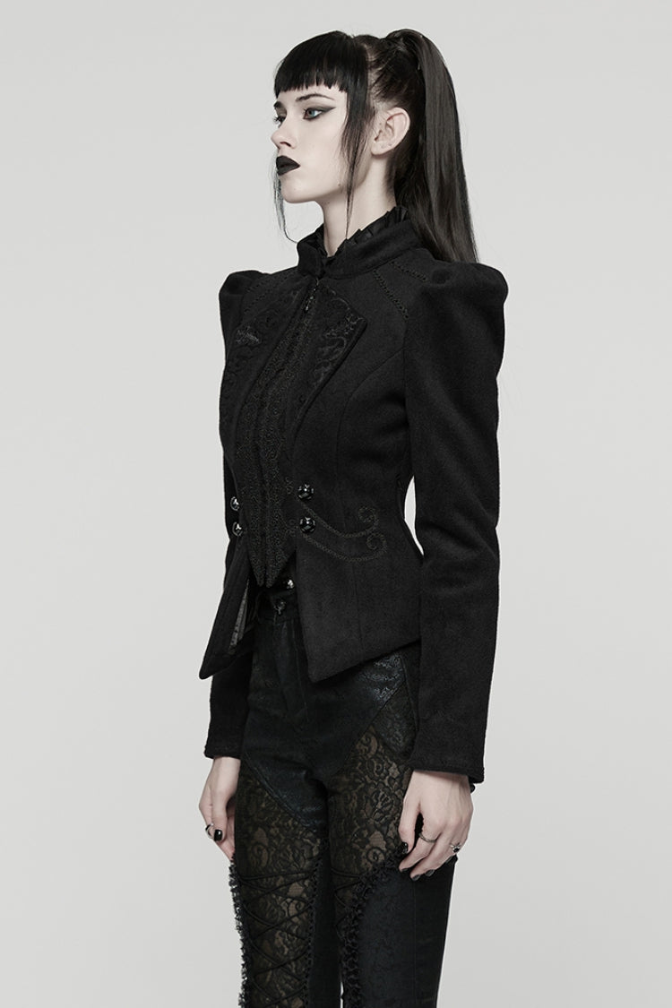 Black Stand Collar Long Sleeves Embroidered Lace-Up Zippered Women's Gothic Jacket - Product - 2