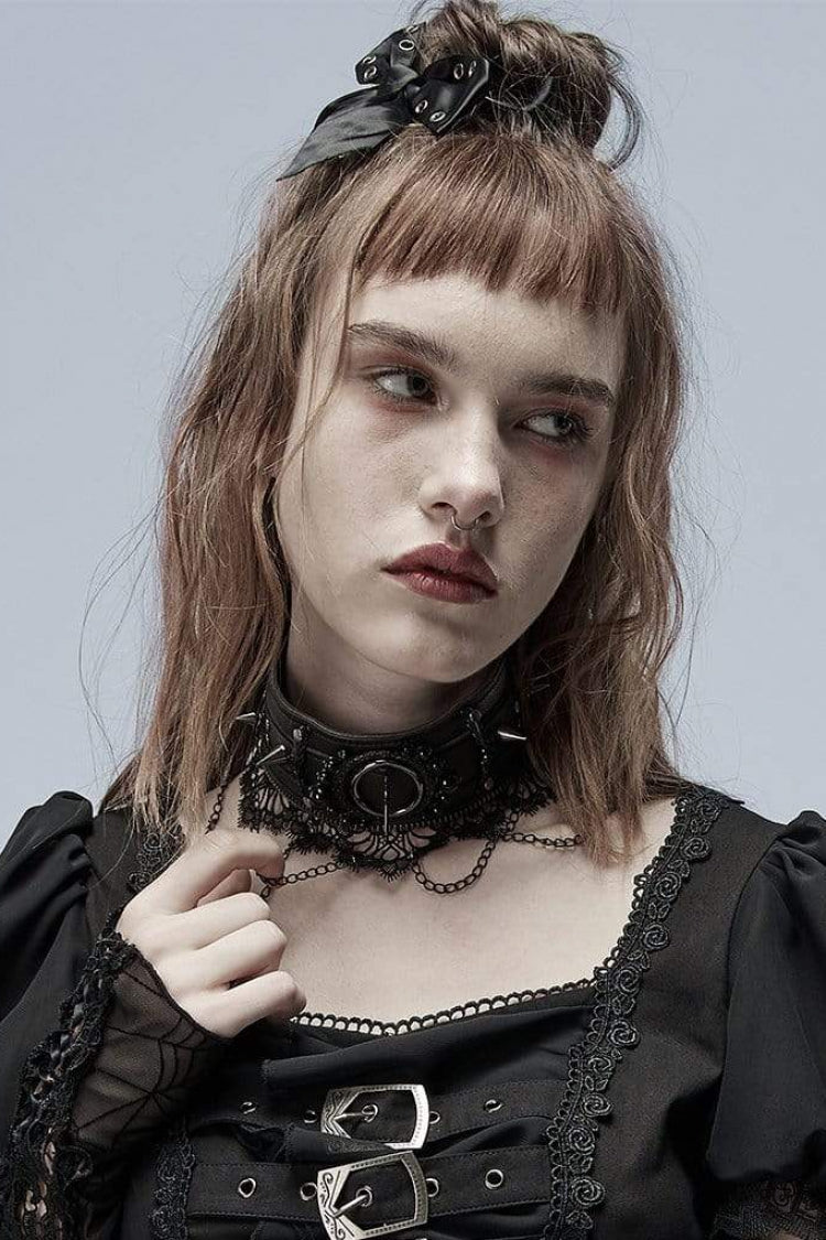 Black Leather Metal Rivets Lace Women's Gothic Chocker - Black - 1
