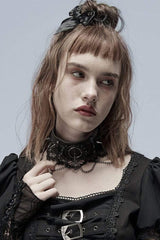 Black Leather Metal Rivets Lace Women's Gothic Chocker - Black - 1