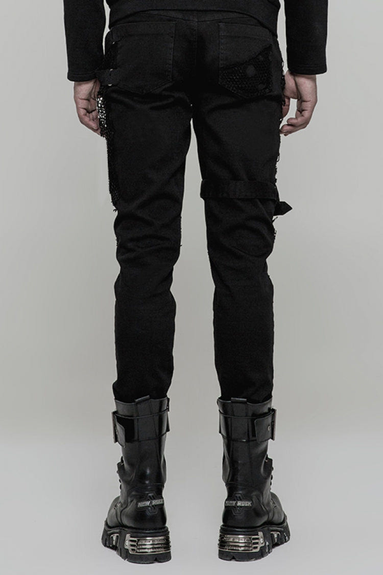 Black Metal Ring Buckles Stitching Mesh Men's Steampunk Pants - Product - 3