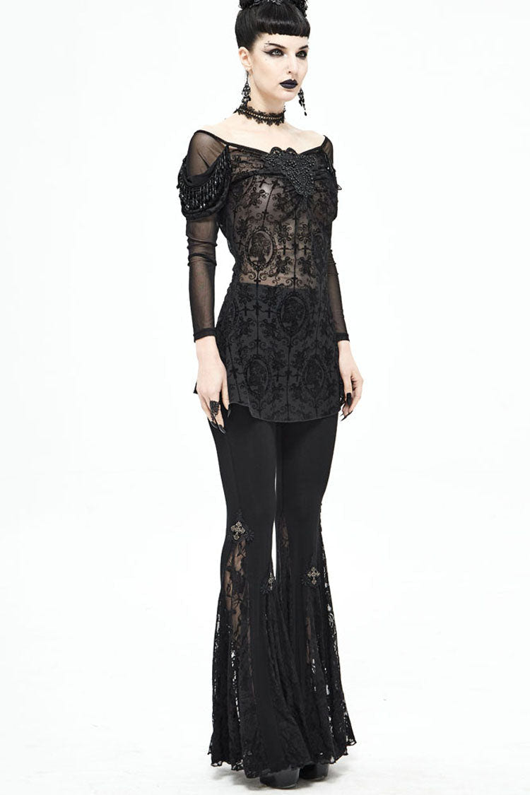 lack Gothic Off-Shoulder Front Chest Decals Bead Sleeve Beaded Tassel Webbing Flocking Print Women's Shirt - Product - 7