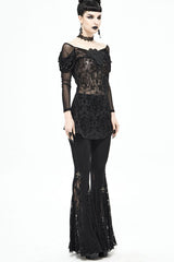 lack Gothic Off-Shoulder Front Chest Decals Bead Sleeve Beaded Tassel Webbing Flocking Print Women's Shirt - Product - 7