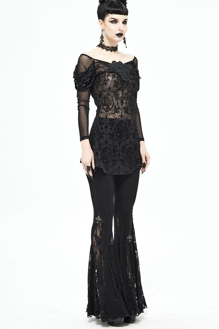lack Gothic Off-Shoulder Front Chest Decals Bead Sleeve Beaded Tassel Webbing Flocking Print Women's Shirt - Product - 7