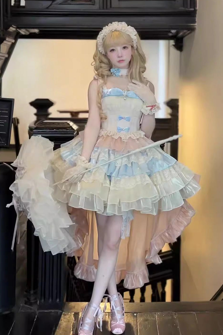 Blue/Pink/Apricot Multi-layer Ruffle Bowknot Sweet Princess Lolita Tiered Dress - Product - 8