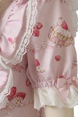 Pink [Creamy Berry] Print Short Puff Sleeves Ruffle Bowknot Lace-Up Sweet Jirai Kei Japanese Dress - Product - 7