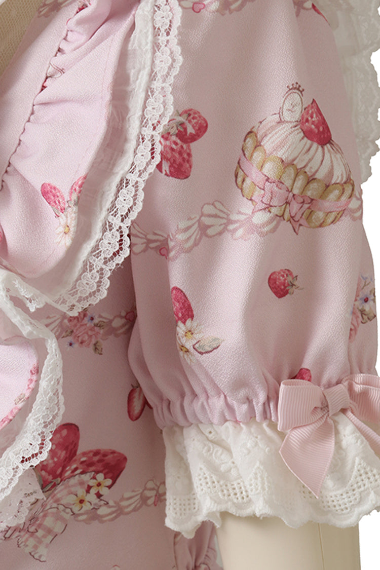 Pink [Creamy Berry] Print Short Puff Sleeves Ruffle Bowknot Lace-Up Sweet Jirai Kei Japanese Dress - Product - 7