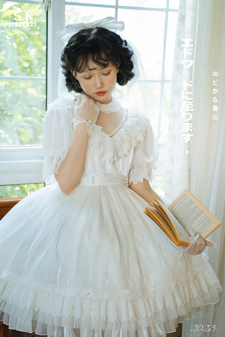 White Multi-Layered Ruffle Hanayome Hollow Bowknot Lace Sweet Vintage Gorgeous Lolita Dress - Product - 9