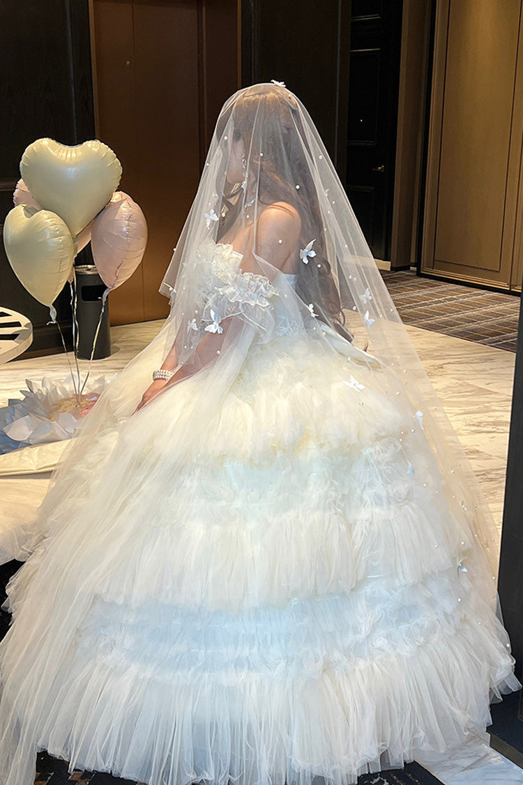 White [Maiden’s Love] Off Shoulder Triple-Layered Ruffled Hanayome Bow Lace Sweet Princess Lolita Dress - Product - 8