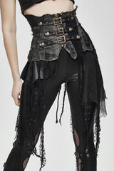 Black Vintage Leather Patchwork Distressed Belted Irregularly Lace Hem Women's Punk Half Skirt - Black - 1