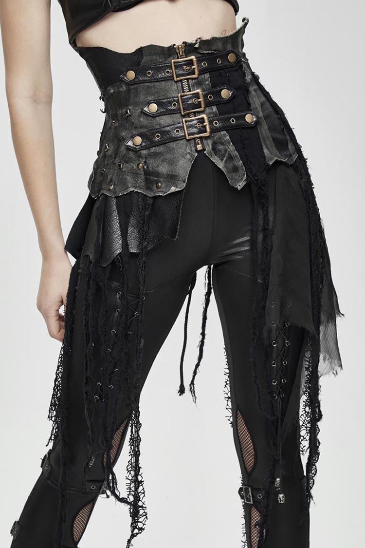 Black Vintage Leather Patchwork Distressed Belted Irregularly Lace Hem Women's Punk Half Skirt - Black - 1