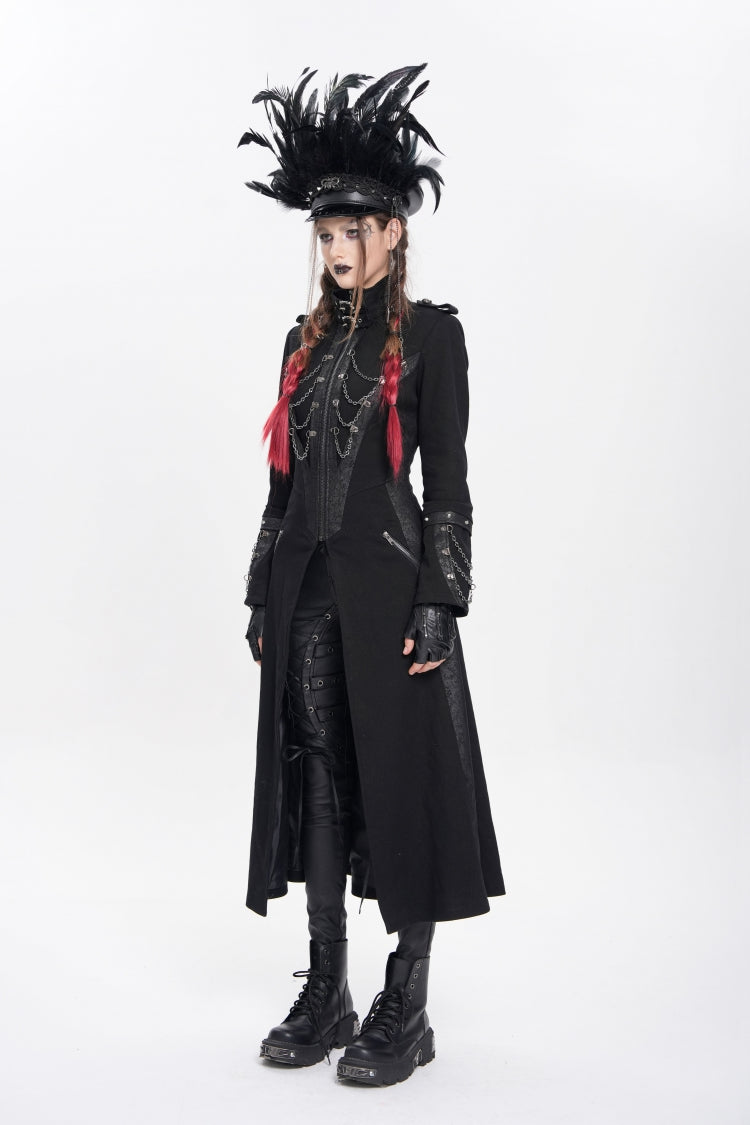 Black Stand Collar Long Sleeves Buckle Chain Women's Punk Jacket - Product - 2