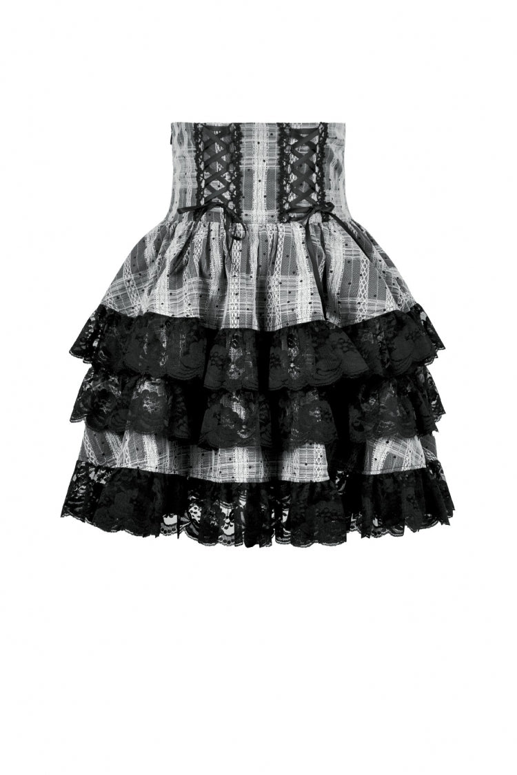 Black/Grey High Waisted Lace-Up Lace Ruffled Layered Hem Women's Lolita Gothic Skirt - Product - 3