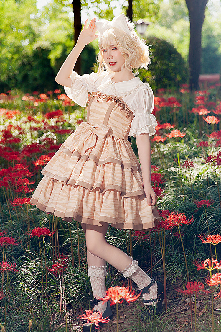 Apricot [Cloth Cat] Triple-Layered Print Ruffle Bowknot Sweet Lolita Dress - Product - 4