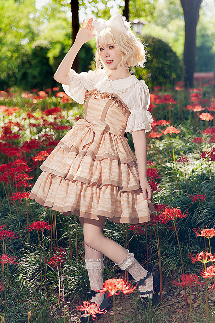 Apricot [Cloth Cat] Triple-Layered Print Ruffle Bowknot Sweet Lolita Dress - Product - 4