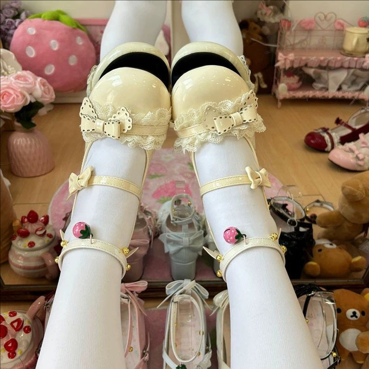 Round Toe Bow Lace Trim Mid Heel Lolita Mary Jane Shoes with Ankle Bells 6 Colors - Cream-Yellow - 7