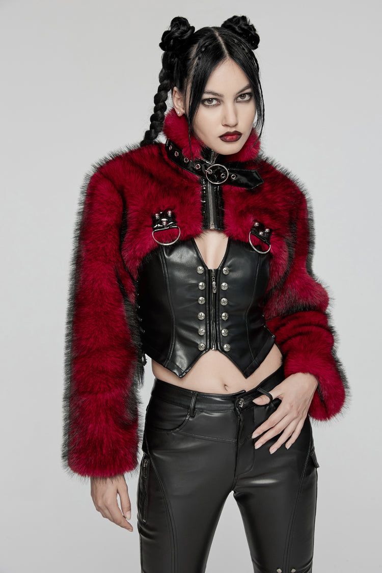 Red Stand Collar Long Sleeves Women's Punk Faux Fur Short Jacket - Product - 3