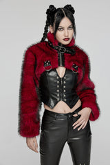 Red Stand Collar Long Sleeves Women's Punk Faux Fur Short Jacket - Product - 3