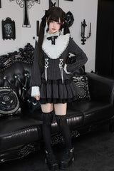 [Doki!] Stand Collar Long Sleeves Printed Ruffled Lace-Up Sweet Cool Lolita Dress 2 Colors(Black, Grey) - Product - 14