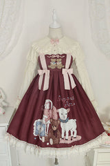 Wine Sheep & Bear Print Alice Girl Bowknot Ruffled Sweet Lolita JSK Dress - Wine - 1
