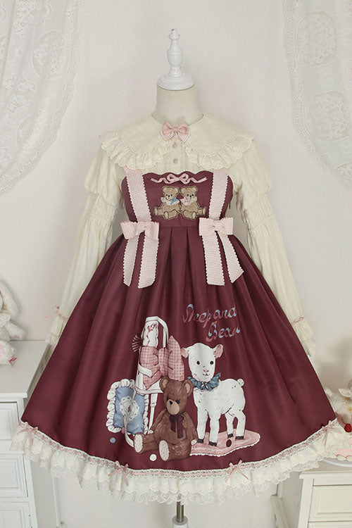Wine Sheep & Bear Print Alice Girl Bowknot Ruffled Sweet Lolita JSK Dress - Wine - 1