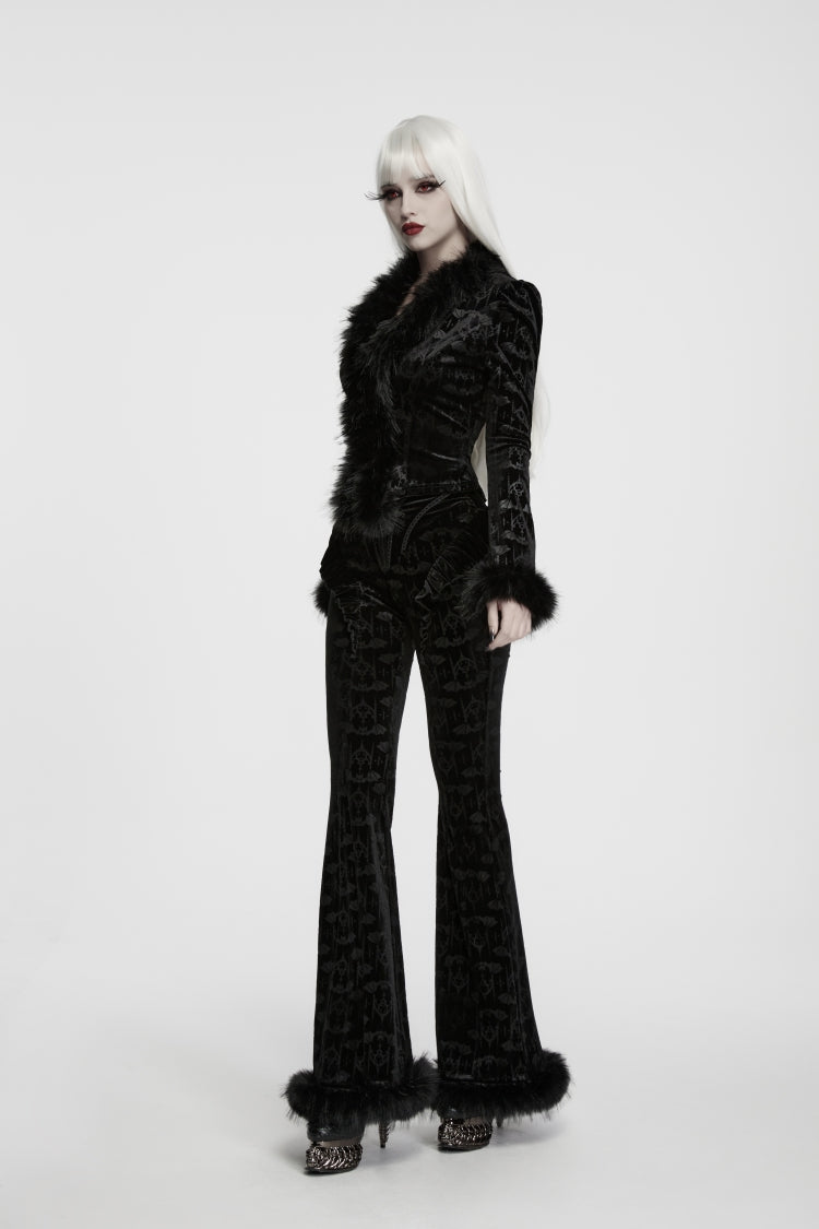 Black Jacquard Ruffled Slim Fit Women's Gothic Flare Pants - Product - 4