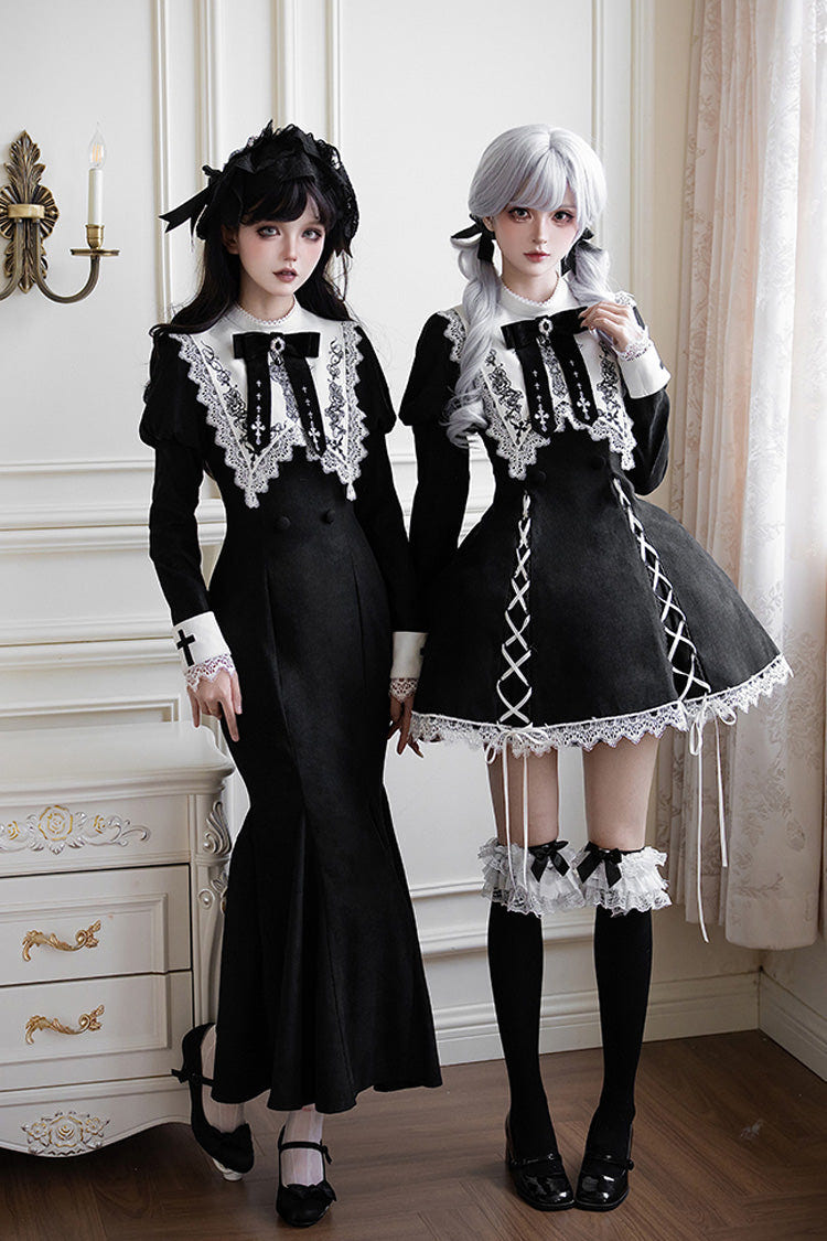 Black/White [Rose Doll] Square Collar Long Sleeves Bowknot Lace-Up Gothic Lolita Dress Set 2 Versions - Product - 9