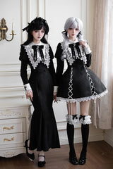Black/White [Rose Doll] Square Collar Long Sleeves Bowknot Lace-Up Gothic Lolita Dress Set 2 Versions - Product - 9