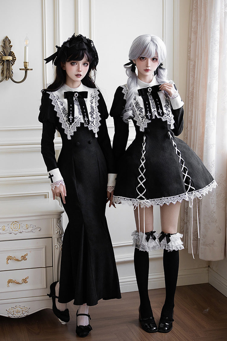 Black/White [Rose Doll] Square Collar Long Sleeves Bowknot Lace-Up Gothic Lolita Dress Set 2 Versions - Product - 9