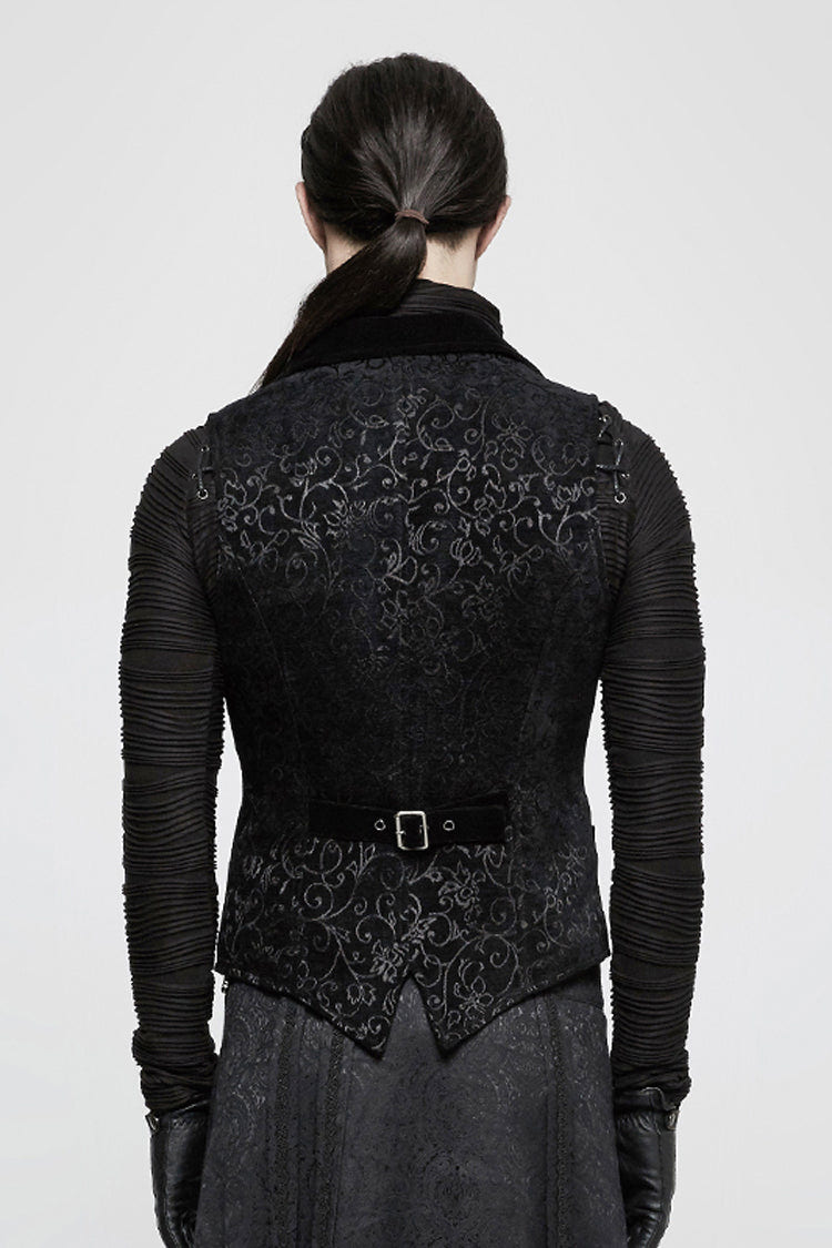 Black Jacquard Velvet Gothic Vintage V Collar Print Mens Vest - Product - 3