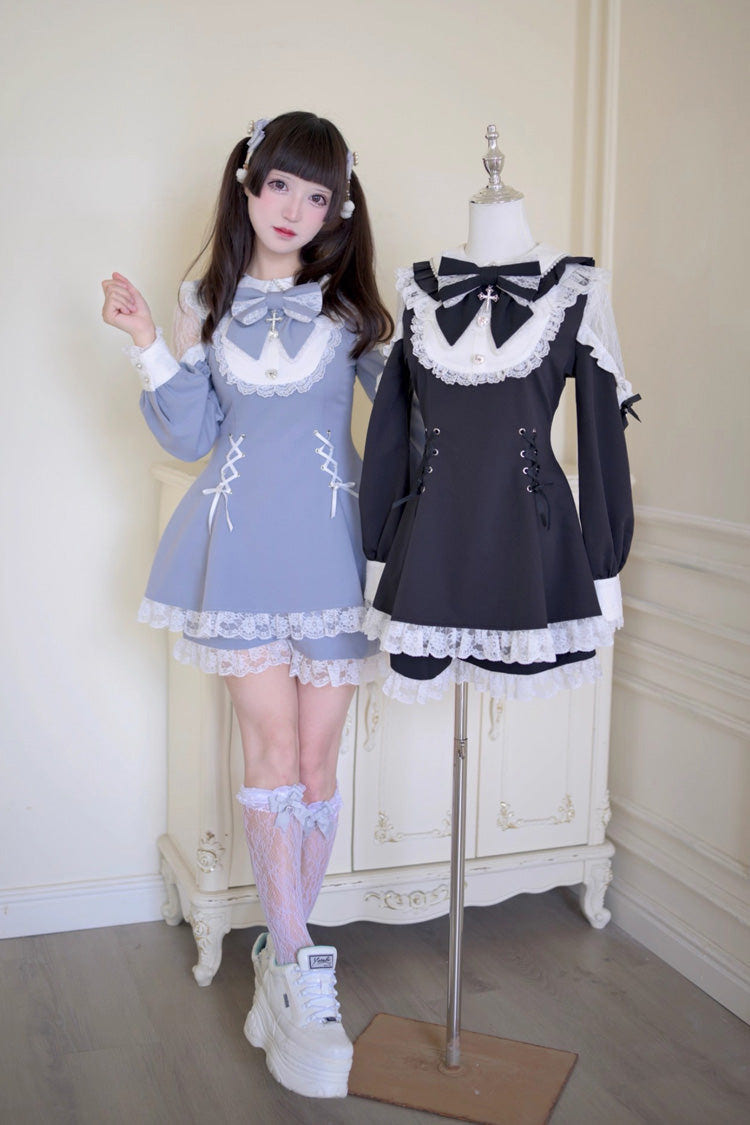 Grey/Blue [Divine love] Long Sleeves Hollow Bowknot Lace Lace-Up Sweet Jirai Kei Dress Shorts Set - Product - 6