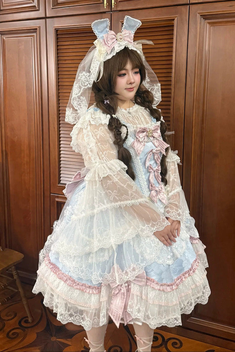 Blue/Pink [Prelude of Ribbons] Square Collar Sleeveless Jacquard Ruffled Open-Front Bow Lace Pearl Detail Floral Wall Plus Size Sweet Lolita Jsk Dress - Product - 2