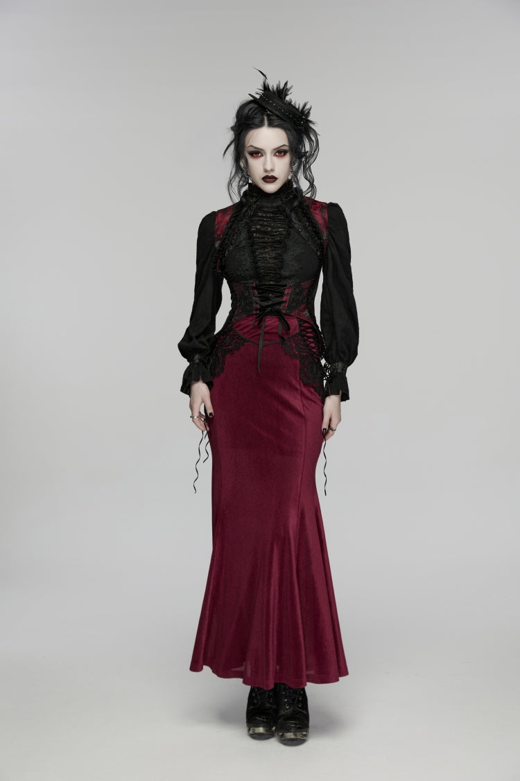 Black/Red Jacquard Embroidered Lace Lace-Up Slim Women's Gothic Vest - Product - 5