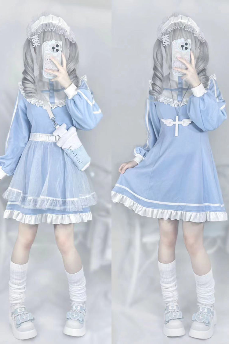 Blue Cross Angel Long Sleeves Ruffle Sweet Jirai Kei Japanese Dress - Product - 2