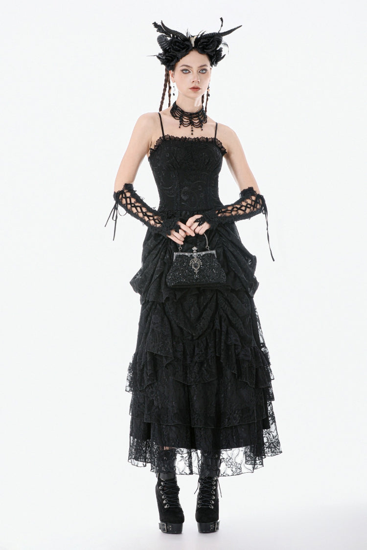Black Sleeveless Multi-Layered Embroidered Women's Gothic Peplum Court Slip Dress - Product - 10