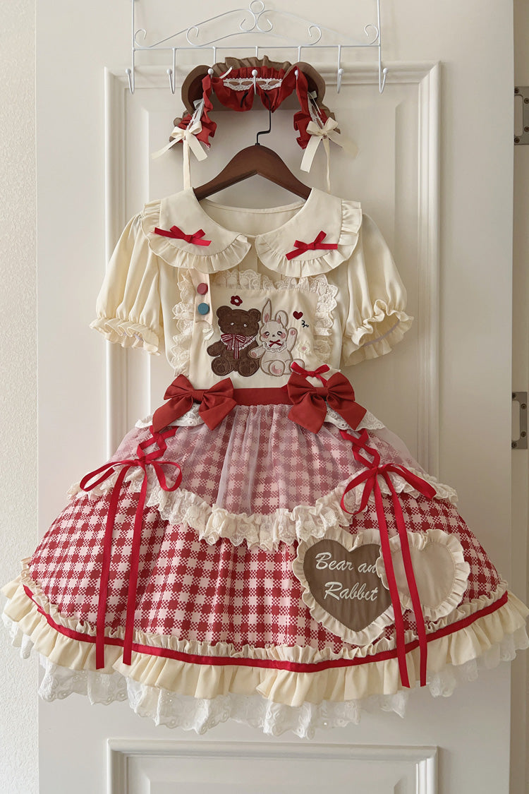 Rabbit Bear Diary Plaid Print Ruffle Bowknot Sweet Lolita Skirt 2 Colors (Blouse Included) - Product - 2