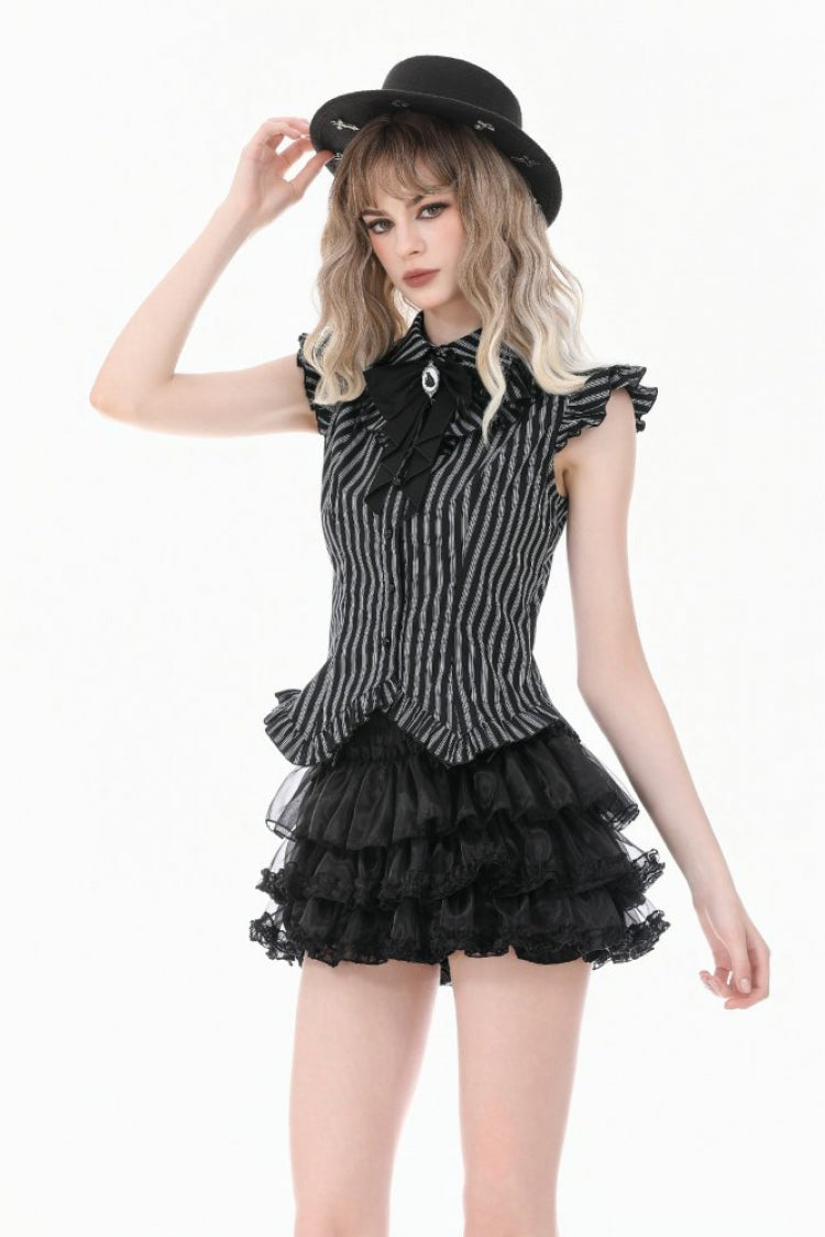 Black/White Vertical Striped Turn-down Collar Ruffled Women's Gothic Blouse with Detachable Tie - Product - 6