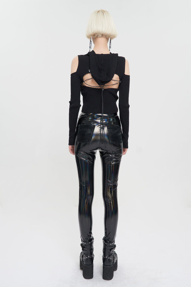 Black Hooded Off-The-Shoulder Back Cutout Rope String Upside Down Pentagram Wool Knit Long Sleeve Women's Punk Sweater - Product - 6
