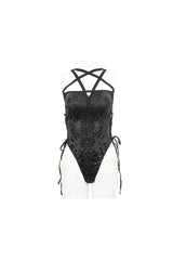Black Pentagram Print Side Cutout Strap Women's Gothic One Piece Swimsuit - Product - 7