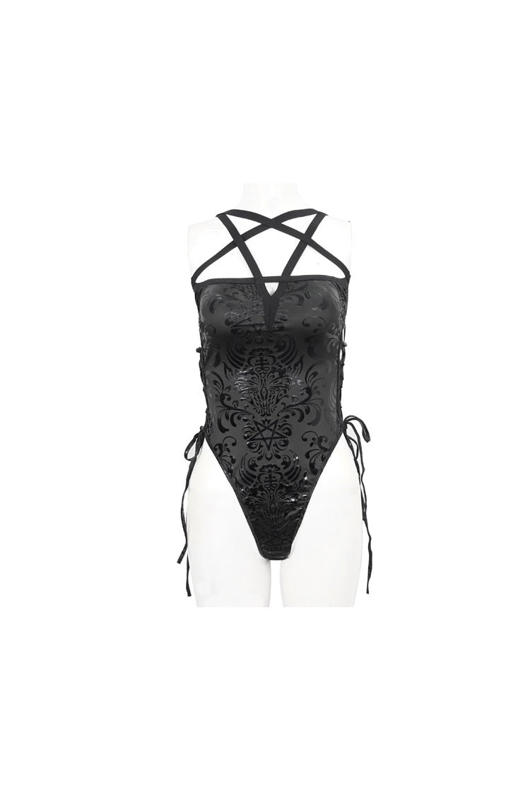 Black Pentagram Print Side Cutout Strap Women's Gothic One Piece Swimsuit - Product - 7