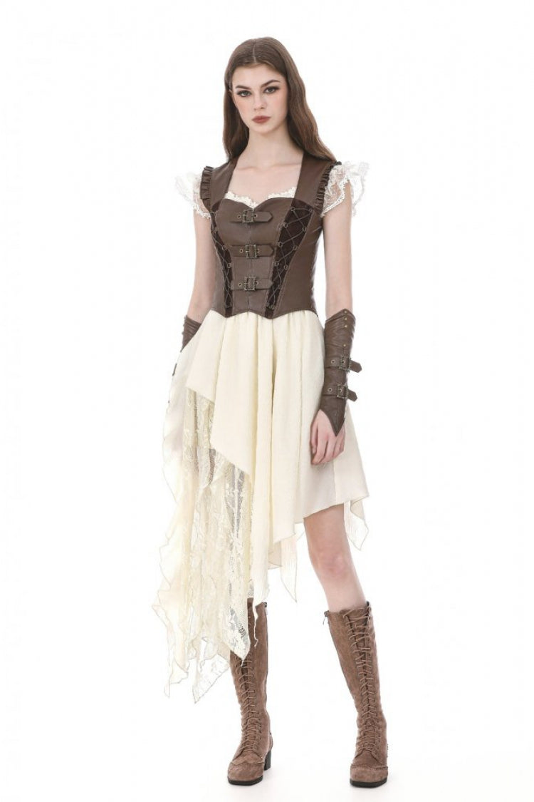 Brown Sweetheart Neckline Ruffled Flutter Sleeves Cut-Out Buckled Strap Women's Steampunk Slim Corset Vest - Product - 7