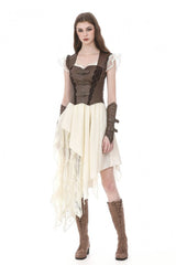 Brown Sweetheart Neckline Ruffled Flutter Sleeves Cut-Out Buckled Strap Women's Steampunk Slim Corset Vest - Product - 7